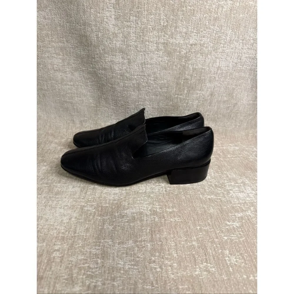 Via Spiga Women's Leather Stacked Heel Slip-on Loafer Shoes Black Size 8.5